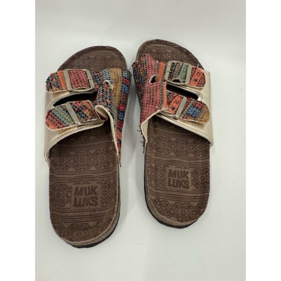 Muk Luks Sequin Buckle Sandals Slip On Open Toe Geometric Comfy Slides Size 7 - Picture 3 of 11
